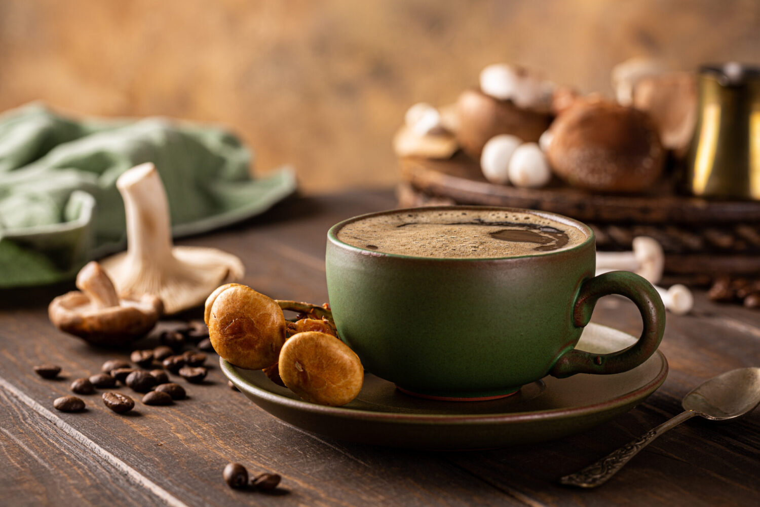 Best mushroom coffee 2025 .Mushroom coffee in green cup on wooden background. New Superfood trendy healthy concept with copy space, selective focus.
